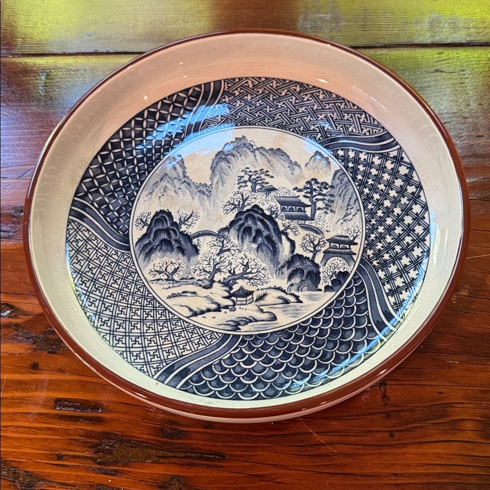 Japanese Blue & White Porcelain Landscape Bowl - 9.5" Vintage Decorative Plate